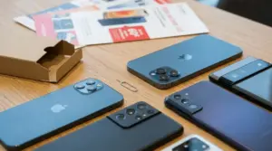Diversi smartphone di fascia alta su un tavolo, accanto a confezioni e materiali promozionali di offerte telefoniche