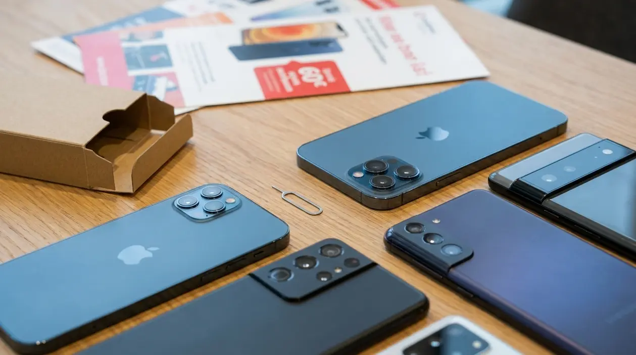 Diversi smartphone di fascia alta su un tavolo, accanto a confezioni e materiali promozionali di offerte telefoniche