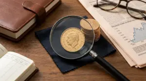 Sterlina d'oro con Re Carlo III osservata con una lente su un tavolo con giornale finanziario