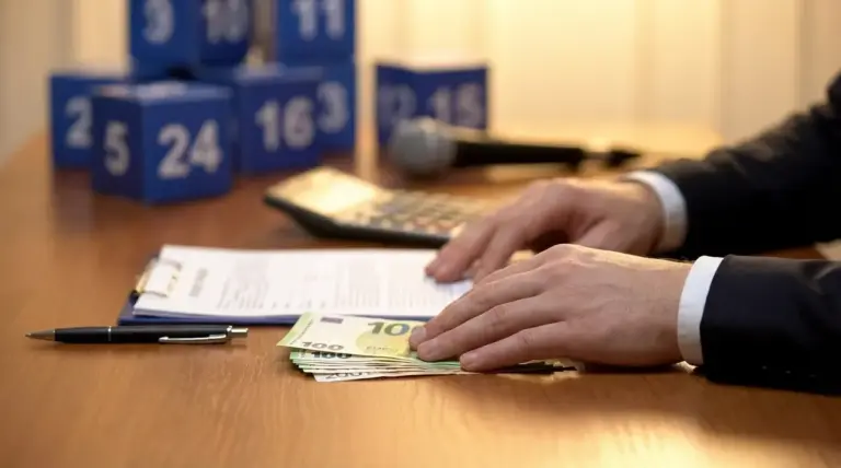 Mani su banconote in euro e documenti su un tavolo, con elementi che ricordano un quiz televisivo sullo sfondo