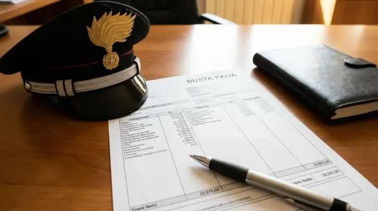 Berretto da maresciallo su una scrivania accanto a una busta paga e una penna