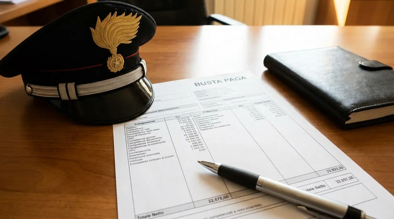 Berretto da maresciallo su una scrivania accanto a una busta paga e una penna