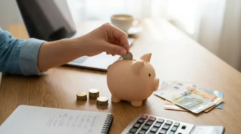 Una persona inserisce una moneta in un salvadanaio sul tavolo con contanti, quaderno e calcolatrice
