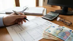 Mano con penna su una busta paga accanto a calcolatrice e banconote in euro su una scrivania