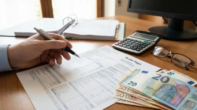 Mano con penna su una busta paga accanto a calcolatrice e banconote in euro su una scrivania