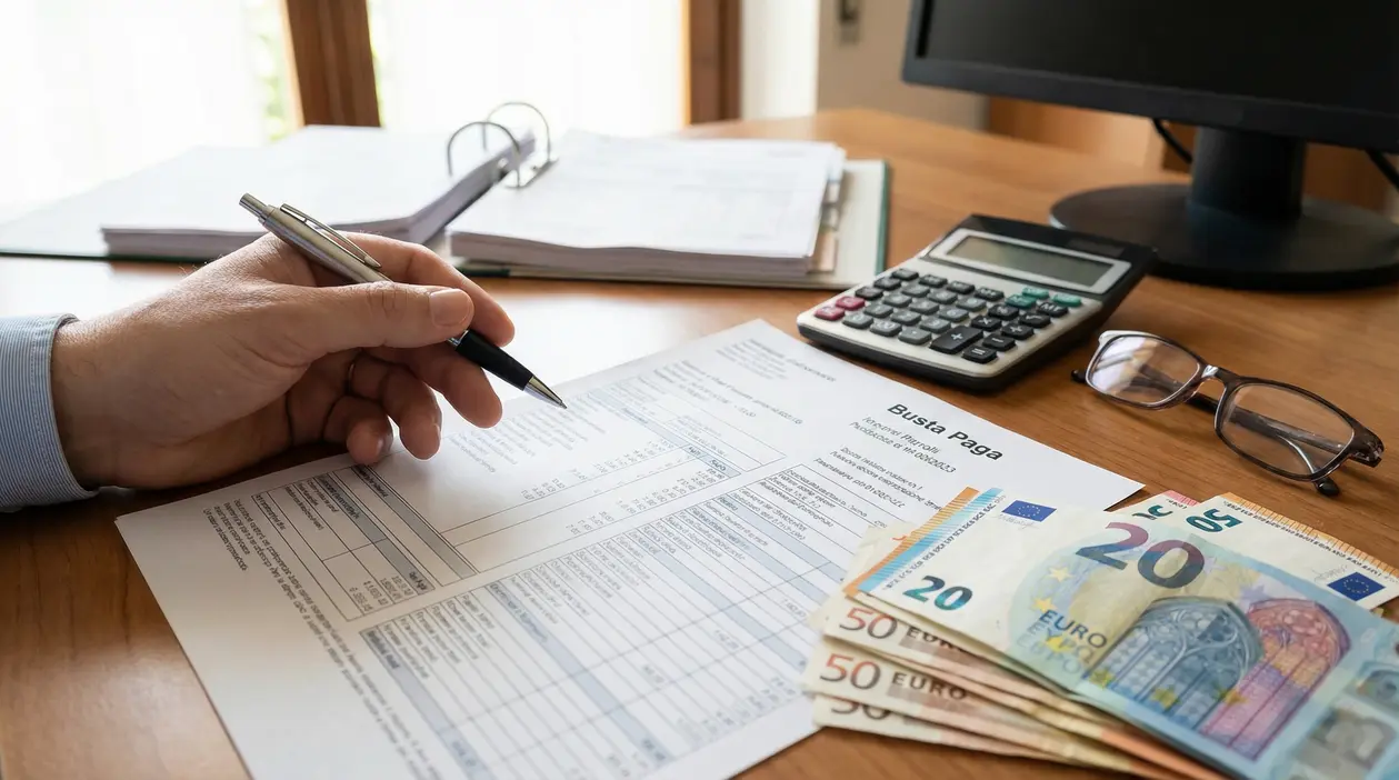 Mano con penna su una busta paga accanto a calcolatrice e banconote in euro su una scrivania