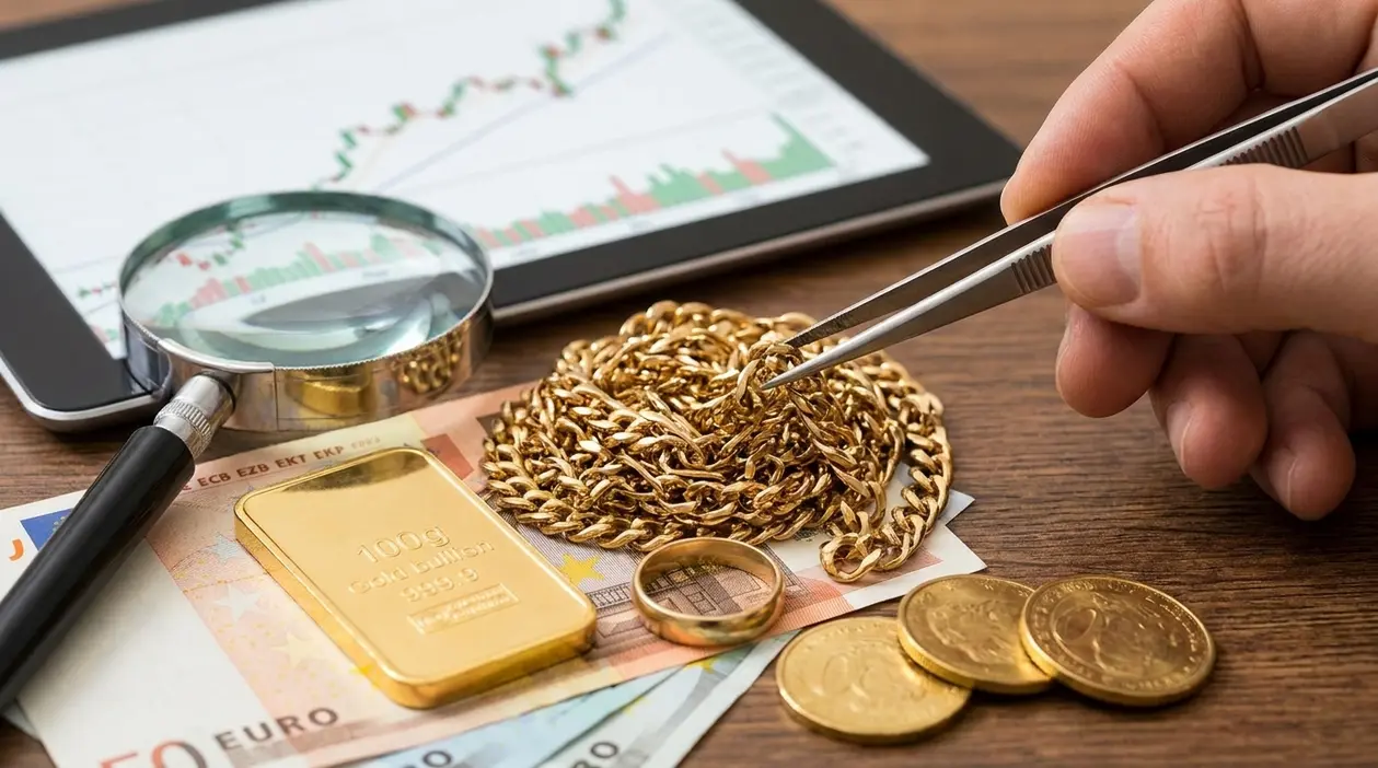 Lingotto e gioielli in oro usato su banconote, con grafico dei prezzi sullo sfondo