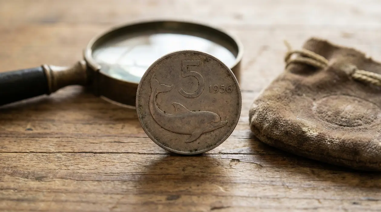 Moneta da 5 lire con delfino del 1956 su tavolo in legno accanto a una lente d’ingrandimento