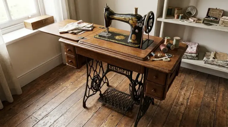 Macchina da cucire Singer d’epoca in mobiletto in legno, fotografata in una stanza luminosa