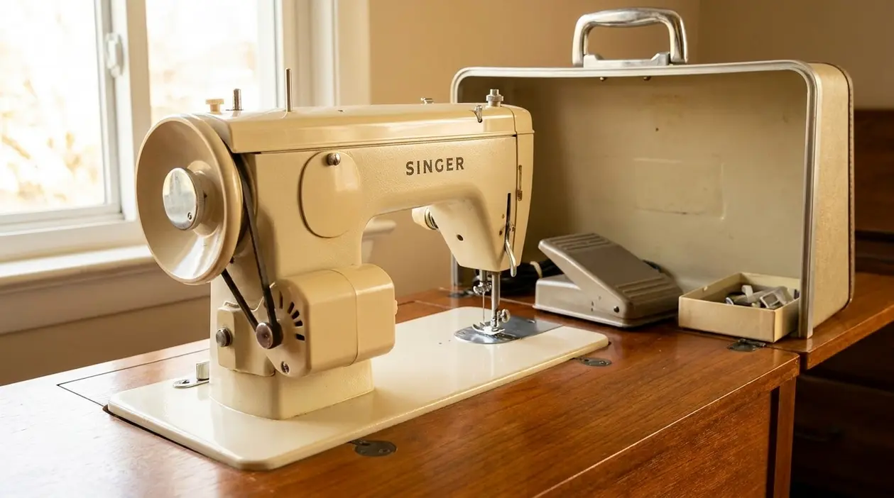 Macchina da cucito Singer vintage anni 70 con valigetta e pedale appoggiata su un mobile in legno