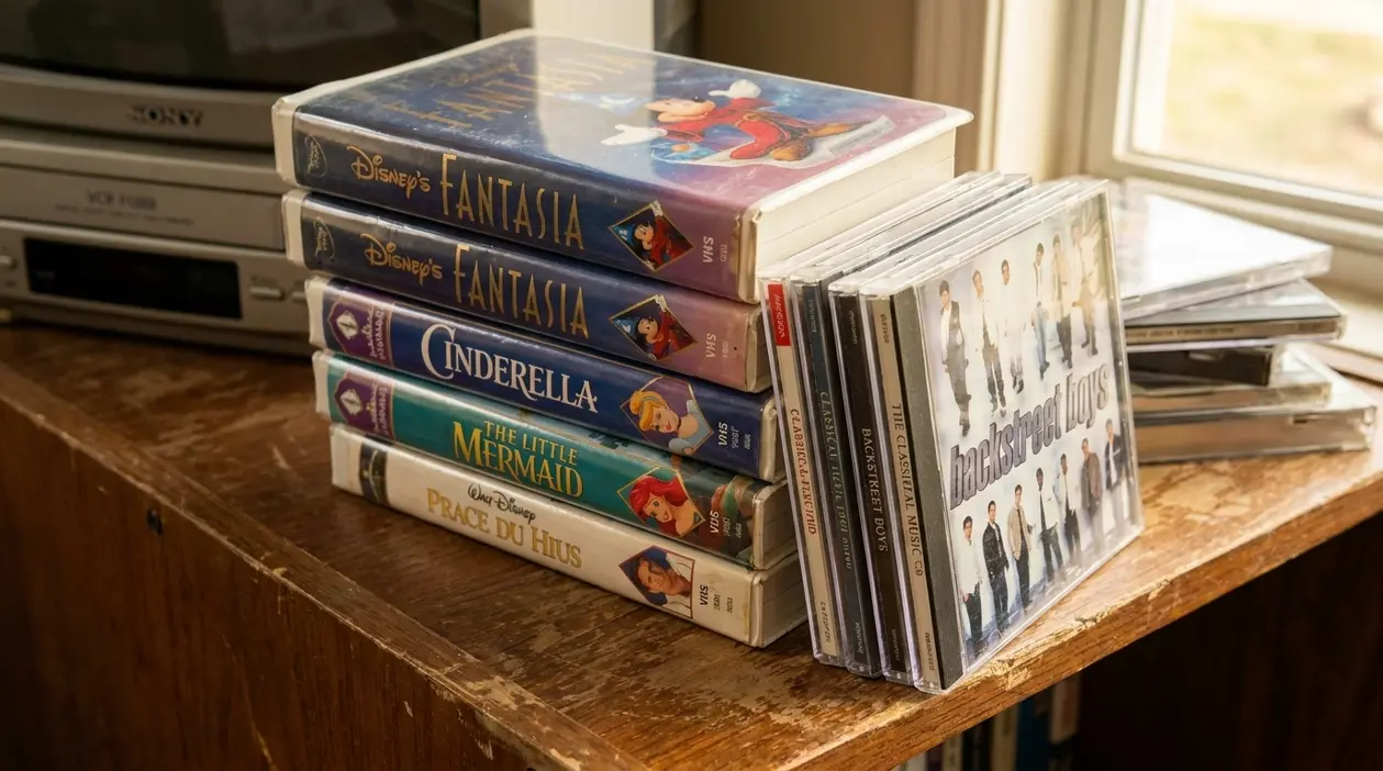 Pile di VHS Disney e CD musicali accanto a un lettore, simbolo di vecchi supporti oggi ricercati dai collezionisti