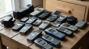 Collezione di vecchi cellulari e caricabatterie vintage disposti su un tavolo di legno