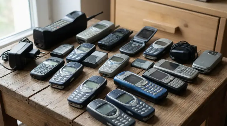 Collezione di vecchi cellulari e caricabatterie vintage disposti su un tavolo di legno
