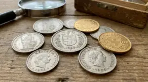 Vecchi franchi svizzeri d’argento e d’oro su un tavolo, con lente d’ingrandimento per valutarne il valore