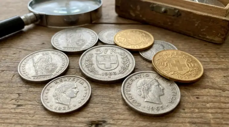 Vecchi franchi svizzeri d’argento e d’oro su un tavolo, con lente d’ingrandimento per valutarne il valore