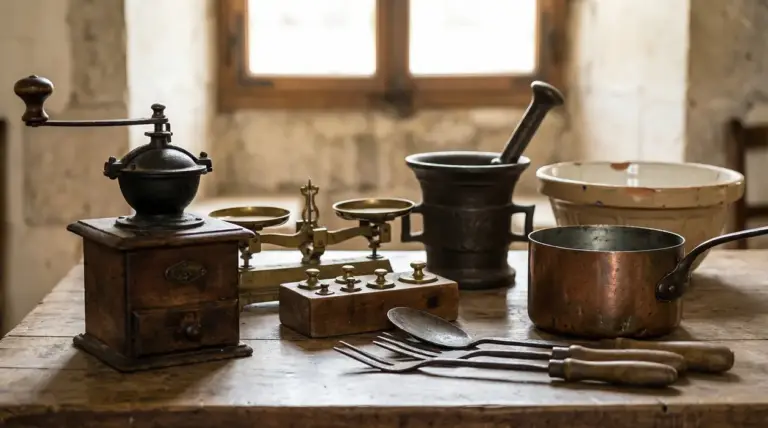 Utensili da cucina d’epoca su un tavolo: macinacaffè, bilancia, mortaio e pentola in rame