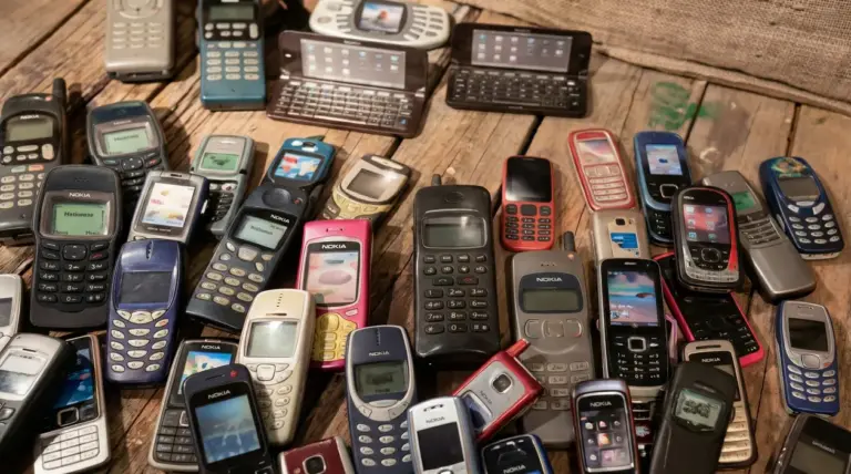 Collezione di vecchi telefoni cellulari e modelli Nokia vintage disposti su un tavolo di legno