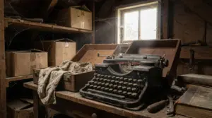 Vecchia macchina da scrivere impolverata in soffitta, accanto a bauli e scatole di legno