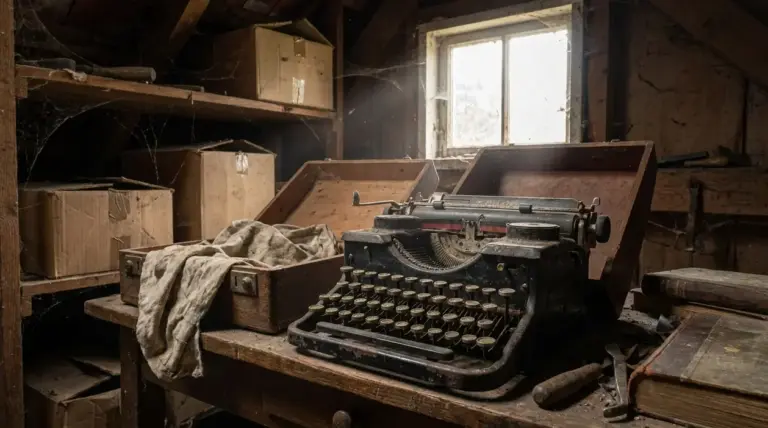 Vecchia macchina da scrivere impolverata in soffitta, accanto a bauli e scatole di legno
