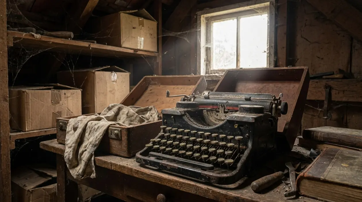 Vecchia macchina da scrivere impolverata in soffitta, accanto a bauli e scatole di legno