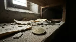Vecchia moneta impolverata su un tavolo in cantina, tra carte ingiallite e oggetti abbandonati