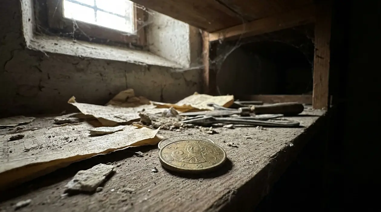 Vecchia moneta impolverata su un tavolo in cantina, tra carte ingiallite e oggetti abbandonati
