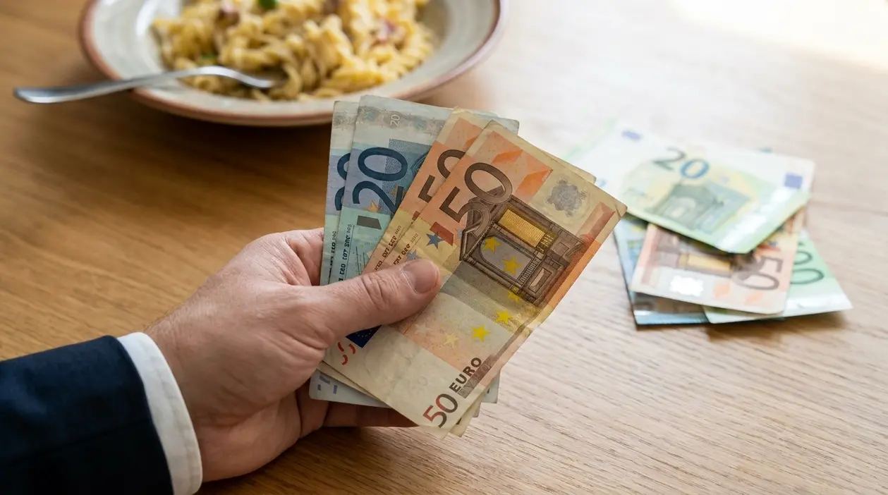 Mano che tiene vecchie banconote da 20 e 50 euro su un tavolo, con altre banconote appoggiate accanto