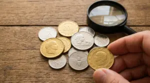 Vecchie monete in lire italiane su un tavolo di legno con lente d'ingrandimento e una mano che ne osserva una