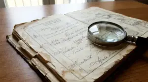 Vecchio libretto postale italiano consumato con lente d’ingrandimento appoggiata sulle pagine