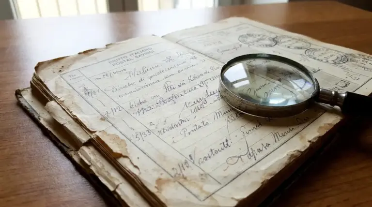 Vecchio libretto postale italiano consumato con lente d’ingrandimento appoggiata sulle pagine