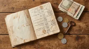 Vecchio libretto postale aperto su un tavolo di legno con banconote, monete e una chiave antica