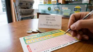 Schedina del Superenalotto compilata su un tavolo in ricevitoria, simbolo della vincita record con il 6