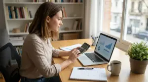 Donna al computer con calcolatrice mentre pianifica investimenti e rendita passiva da casa